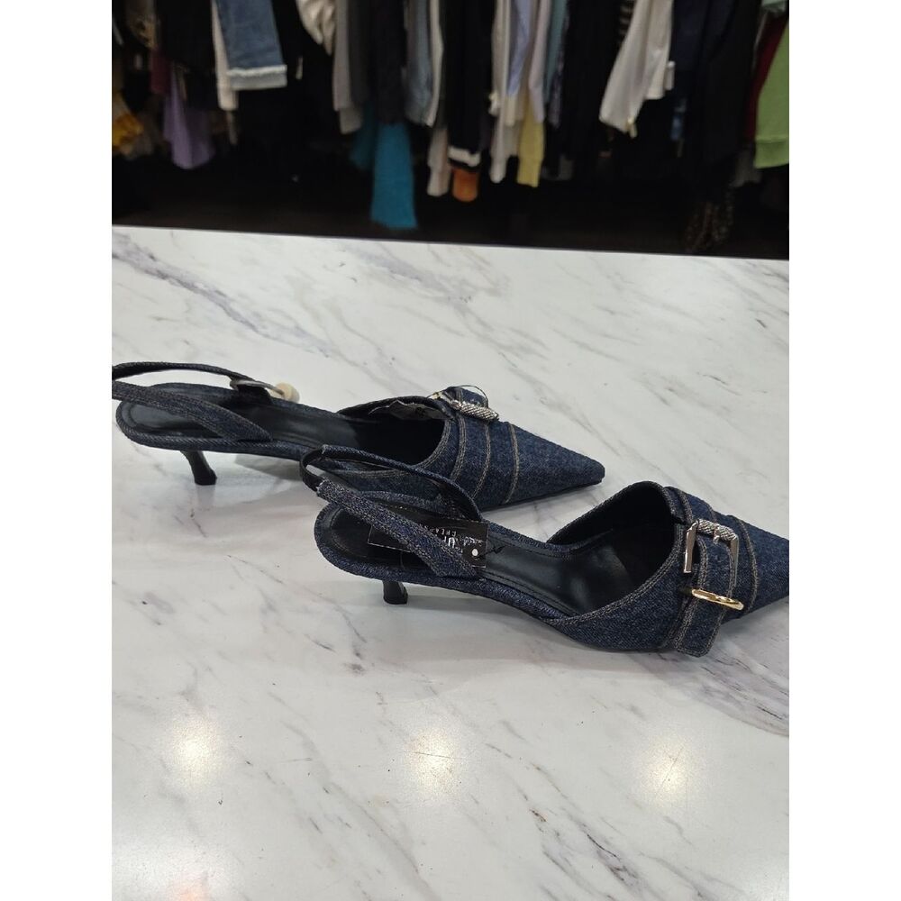 Givenchy Dark Denim Pointed Slingback Kitten Heels with Buckle